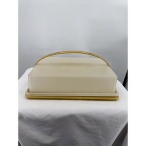 Vintage Tupperware Sheet Cake Carrier 3 Pc Harvest Gold w/ Handle 15"x11"
